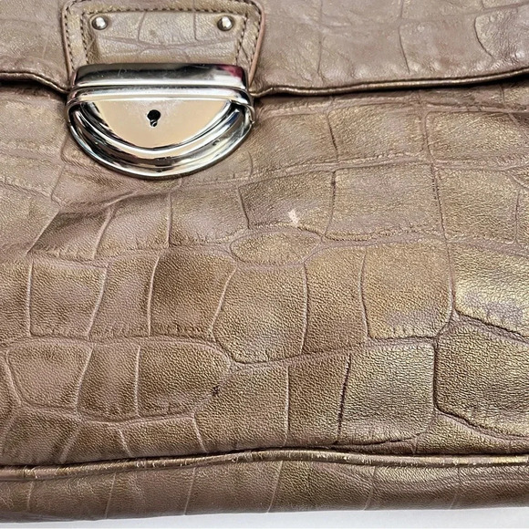 Vintage Y2K Cynthia Rowley Embossed Bronze Leather Fold Over Buckle Clutch - Picture 5 of 14